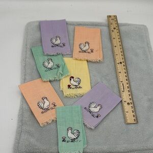 Vintage Linen Novelty Cocktail Napkins Embroidered-Total 7
6 Hen’s & 1 Rooster